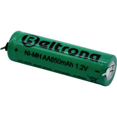 Grüne zylindrische Batterie mit der Aufschrift 'Beltrong Ni-MH AA850mAh 1.2V', wobei der positive Pol auf der linken Seite zu sehen ist.