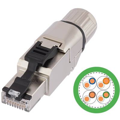 RJ45-Stecker mit Schutzschirm und Drahtanschlussbelegung, die acht Positionen für die Ethernet-Kabelinstallation zeigt.