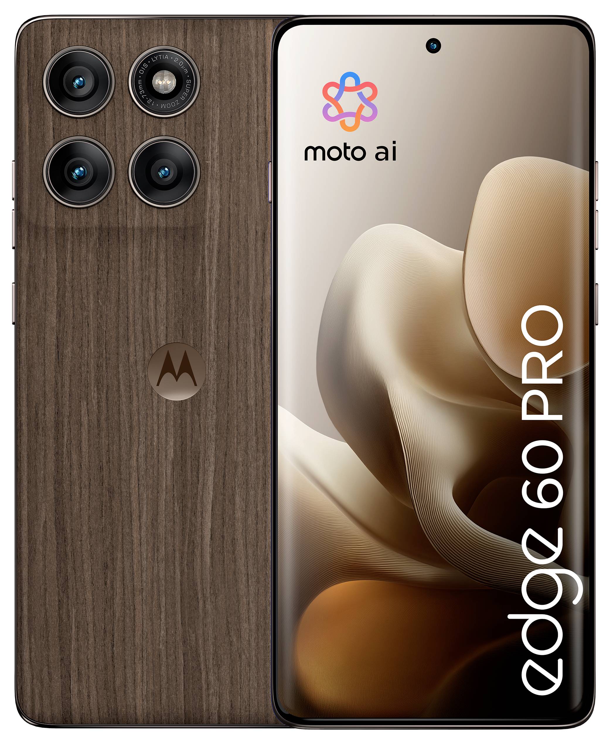 Front- und Rückansicht eines Smartphones mit Holzoptik auf der Rückseite, das drei Kameras aufweist. Der Bildschirm zeigt 'moto ai' und 'edge 60 PRO'.