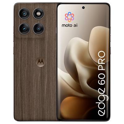 Front- und Rückansicht eines Smartphones mit Holzoptik auf der Rückseite, das drei Kameras aufweist. Der Bildschirm zeigt 'moto ai' und 'edge 60 PRO'.