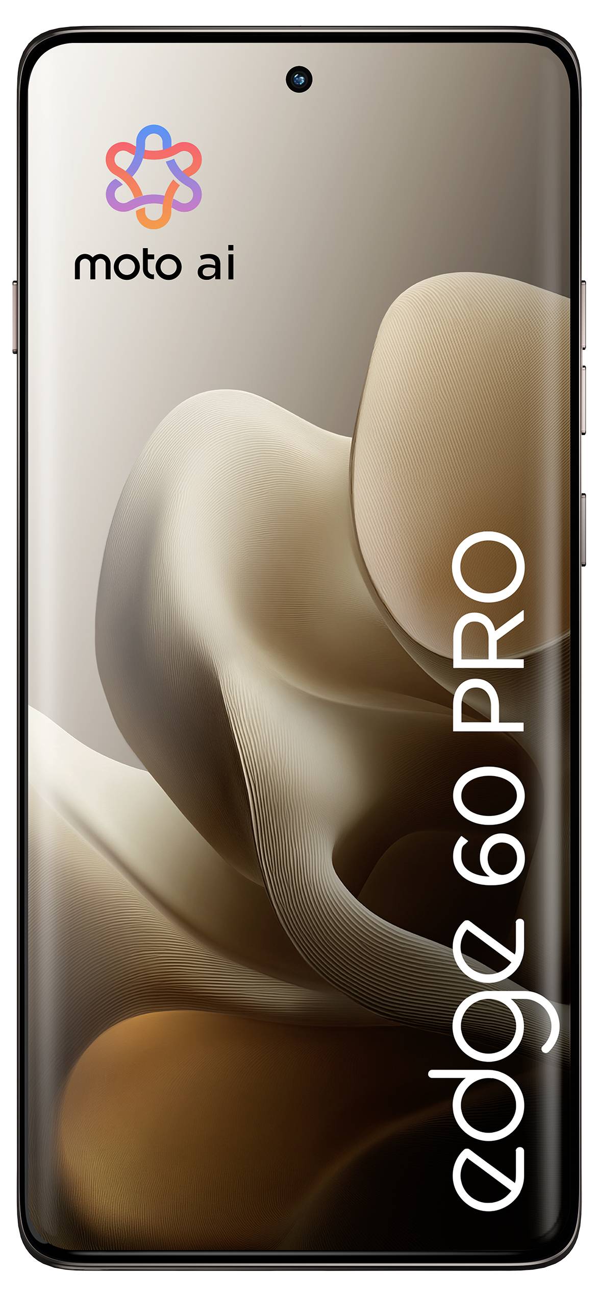 Ein Smartphone, das das Logo "moto ai" und den Text "edge 60 pro" auf dem Bildschirm anzeigt, mit einem abstrakten Hintergrunddesign.