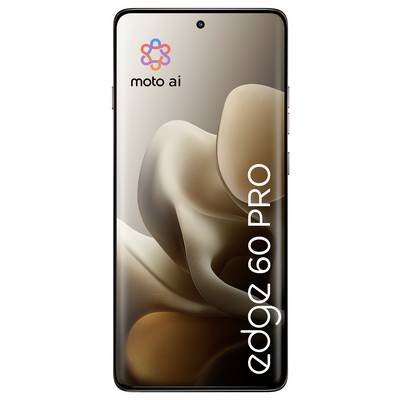 Ein Smartphone, das das Logo "moto ai" und den Text "edge 60 pro" auf dem Bildschirm anzeigt, mit einem abstrakten Hintergrunddesign.