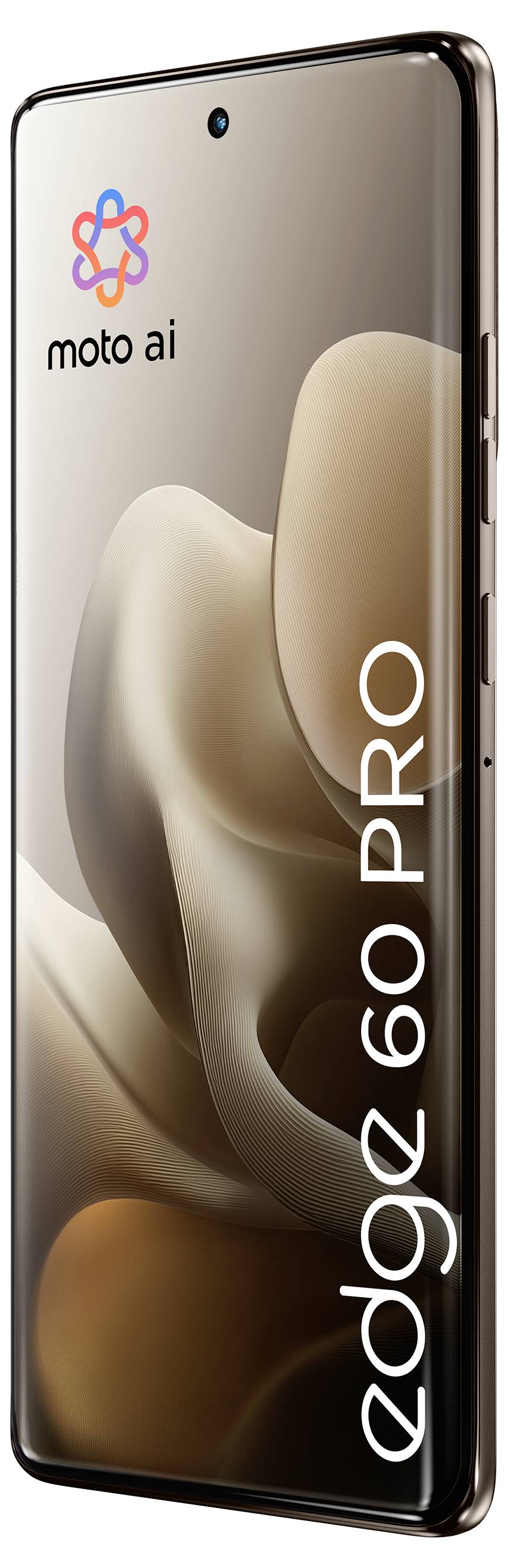 Ein elegantes Smartphone mit dem "moto ai"-Logo und dem Text "edge 60 PRO" auf dem Bildschirm, mit einem minimalistischen, abstrakten Hintergrundbild.