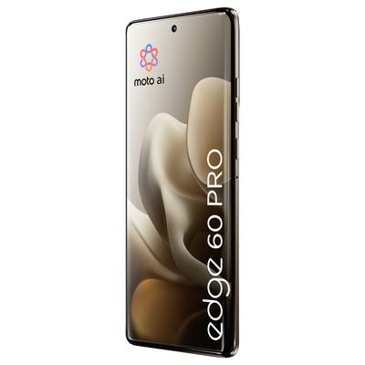 Ein elegantes Smartphone mit dem "moto ai"-Logo und dem Text "edge 60 PRO" auf dem Bildschirm, mit einem minimalistischen, abstrakten Hintergrundbild.