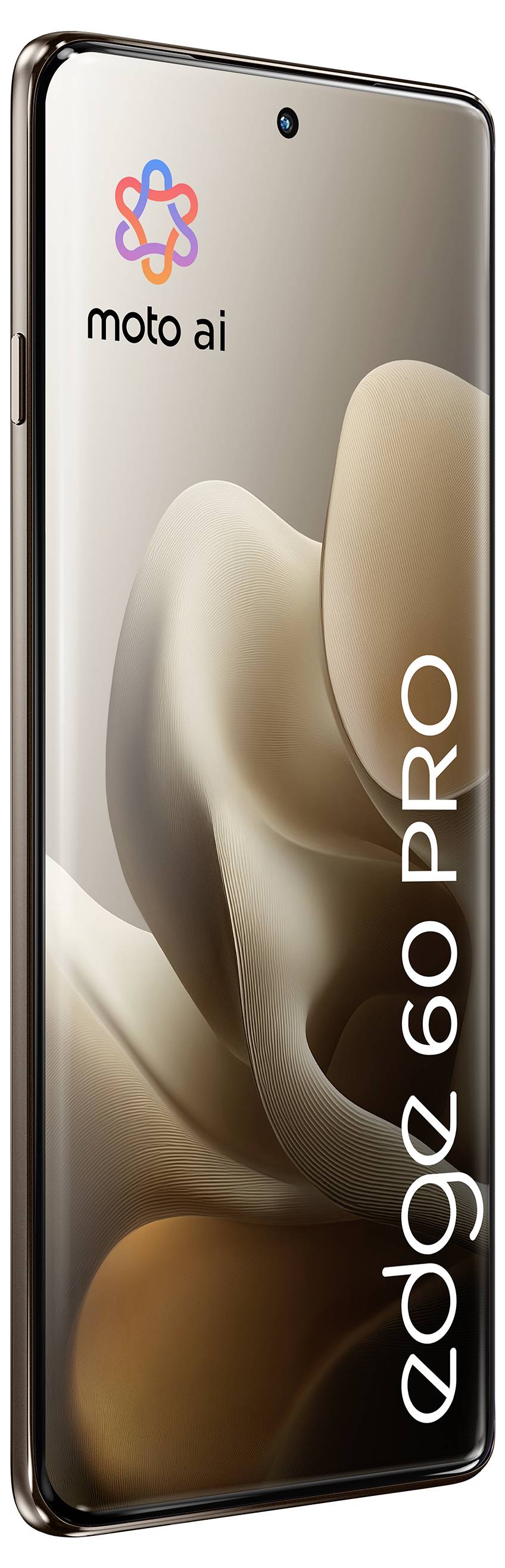 Schlankes Smartphone mit einem Display mit abgerundeten Kanten, beschriftet mit ‚edge 60 PRO', das ein künstlerisches abstraktes Design und das ‚moto ai'-Logo zeigt.