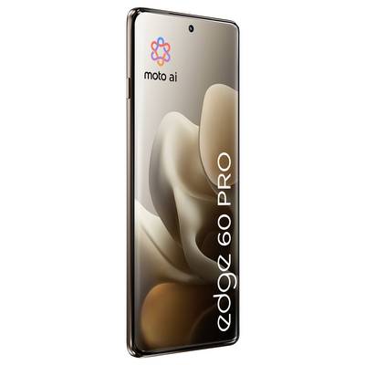 Schlankes Smartphone mit einem Display mit abgerundeten Kanten, beschriftet mit ‚edge 60 PRO', das ein künstlerisches abstraktes Design und das ‚moto ai'-Logo zeigt.