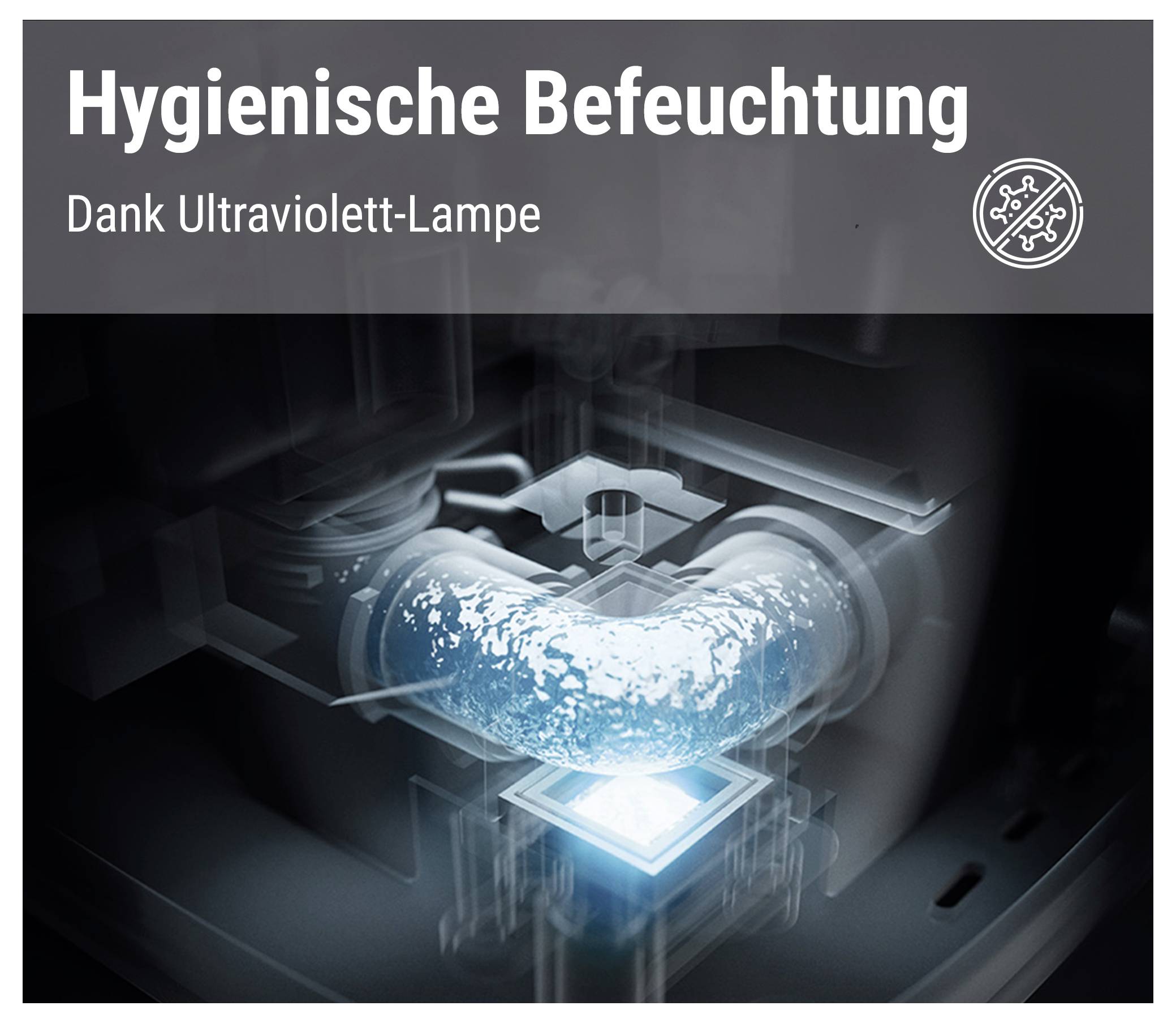 Unter der Aufschrift 'Hygienische Befeuchtung dank Ultraviolett-Lampe' ein leuchtendes Rohr, das eine UV-Lampe darstellt.