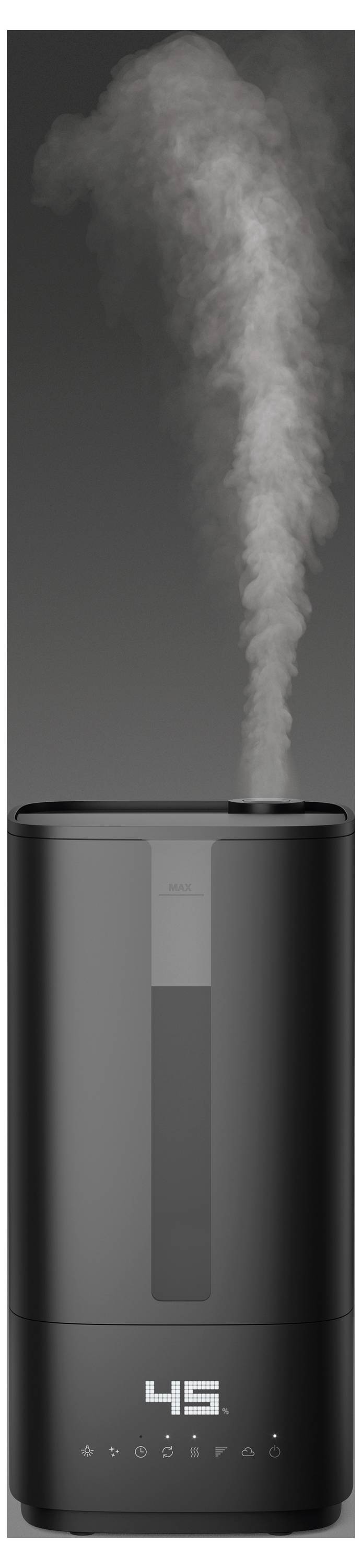 Ein schwarzer Luftbefeuchter, der Nebel nach oben ausstößt, mit einer digitalen Anzeige, die '45' zeigt, und Bedienknöpfen darunter.