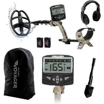 Metalldetektor-Set bestehend aus einem digitalen Metalldetektor mit Display, Kopfhörern, zwei Batterien, Tragetasche und kleiner zusammenklappbarer Schaufel.