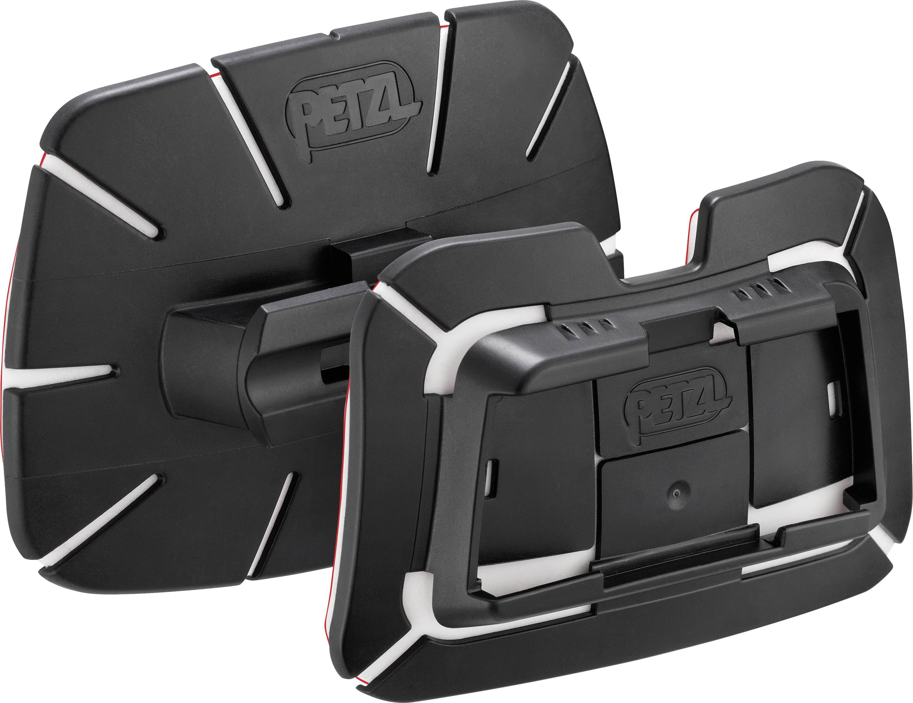 Zwei schwarze, rechteckige Schneeschuhe von Petzl, mit weißen Kanten und verstellbaren Bindungen, entwickelt, um Stabilität und Traktion auf Schnee zu verbessern.