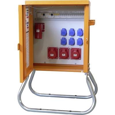 Eine offene elektrische Verteilerdose mit orangefarbener Gehäuseverkleidung, die Sicherungsautomaten, rote und blaue Stromsteckdosen und Verkabelung im Inneren zeigt.