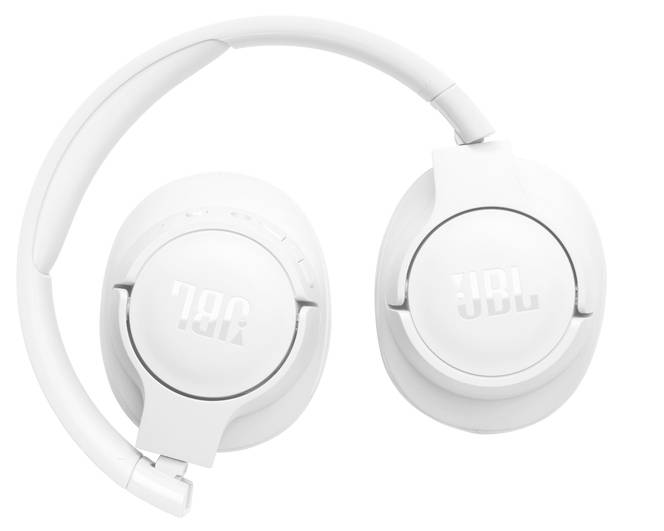 Weiße JBL-Wireless-Kopfhörer mit einem schlanken, faltbaren Design, auf dem auf jedem Ohrmuschel das Markenlogo zu sehen ist.