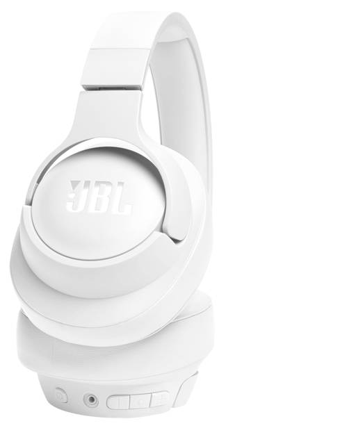 Weiße Over-Ear-Kopfhörer mit Logo, ausgestattet mit gepolsterten Ohrmuscheln, verstellbarem Kopfbügel und seitlichen Tasten zur Lautstärkeregelung.