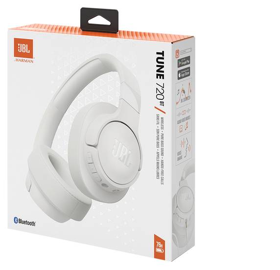Karton der JBL Tune 720 BT drahtlosen Kopfhörer in Weiß. Ausgestattet mit Bluetooth-Konnektivität, 76-Stunden-Akkulaufzeit und Multipoint-Verbindung.