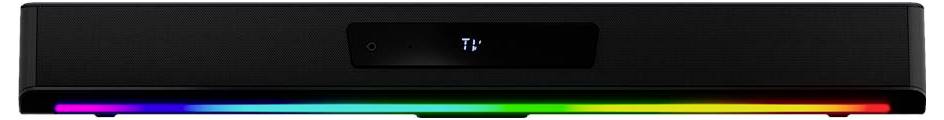 Ein schwarzer Soundbar mit einer zentralen Anzeige; ein lebendiger LED-Streifen darunter zeigt einen Farbverlauf von Rot bis Violett.