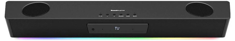 Eine schwarze Soundbar mit einer digitalen Anzeige in der Mitte, Tasten oben und bunten LED-Lichtern darunter.
