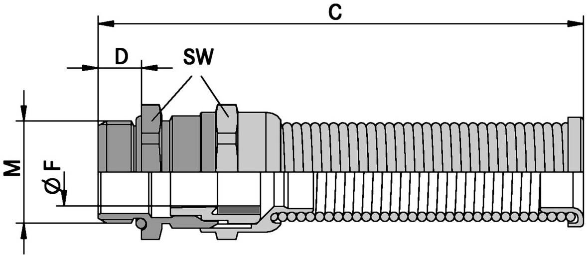 Technische Zeichnung einer zylindrischen Komponente mit beschrifteten Abmessungen: 'C', 'D', 'SW', 'M', 'F'. Zeigt Gewinde und Schnittansicht.