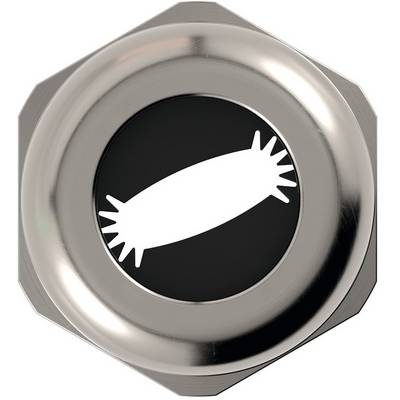 Ein silberner und schwarzer runder Knopf mit einer weißen, abstrakten, stacheligen Oval-Form in der Mitte. Der Knopf ist glänzend und metallisch.