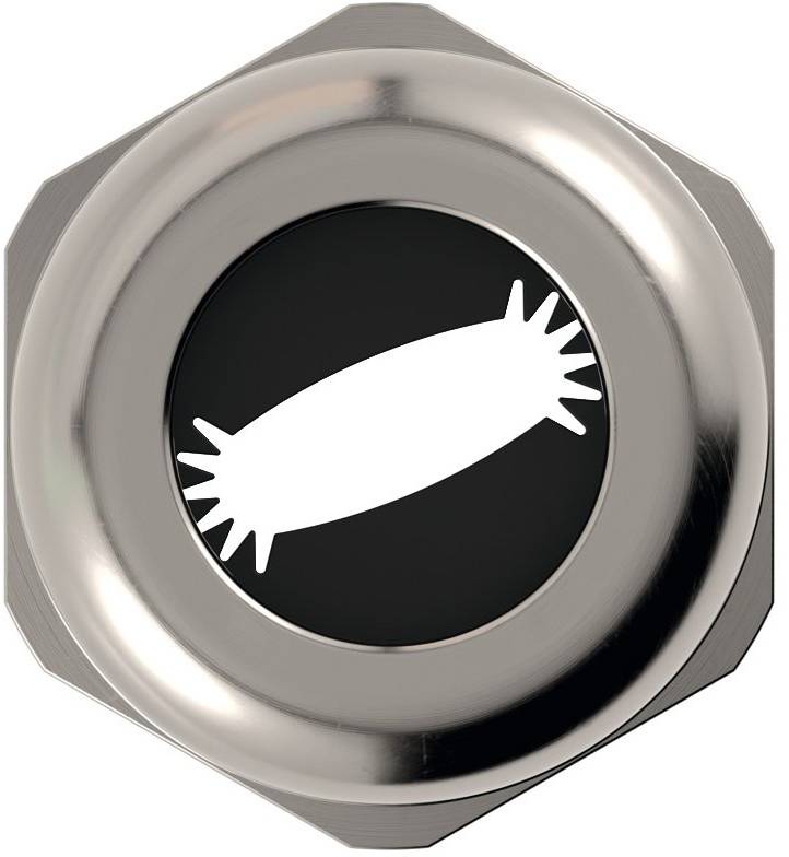 Ein runder silberner Knopf mit einem stilisierten weißen Handgranatensymbol auf schwarzem Hintergrund.