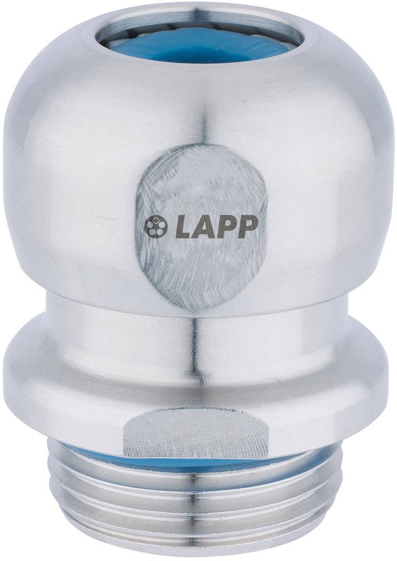 Metallische Kabelverschraubung mit glatter, abgerundeter Oberfläche und blauer Dichtung. Mit dem 'LAPP' Logo graviert. Dient zur sicheren Befestigung von Kabeln.