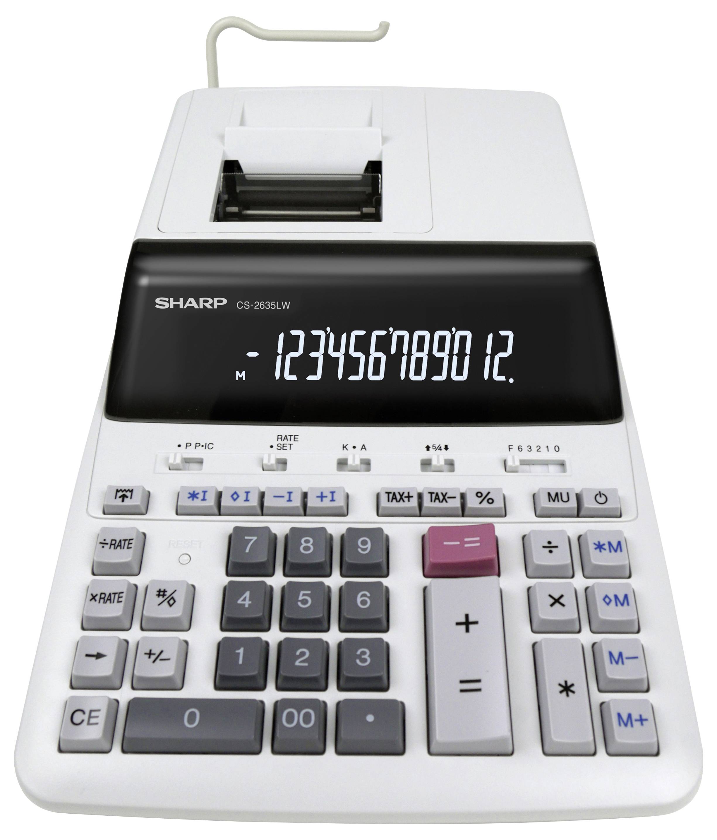 Ein weißer Druckrechner, der die Zahlen '123456789012' auf seinem Display zeigt, mit einer Druckrolle und verschiedenen Funktionstasten.