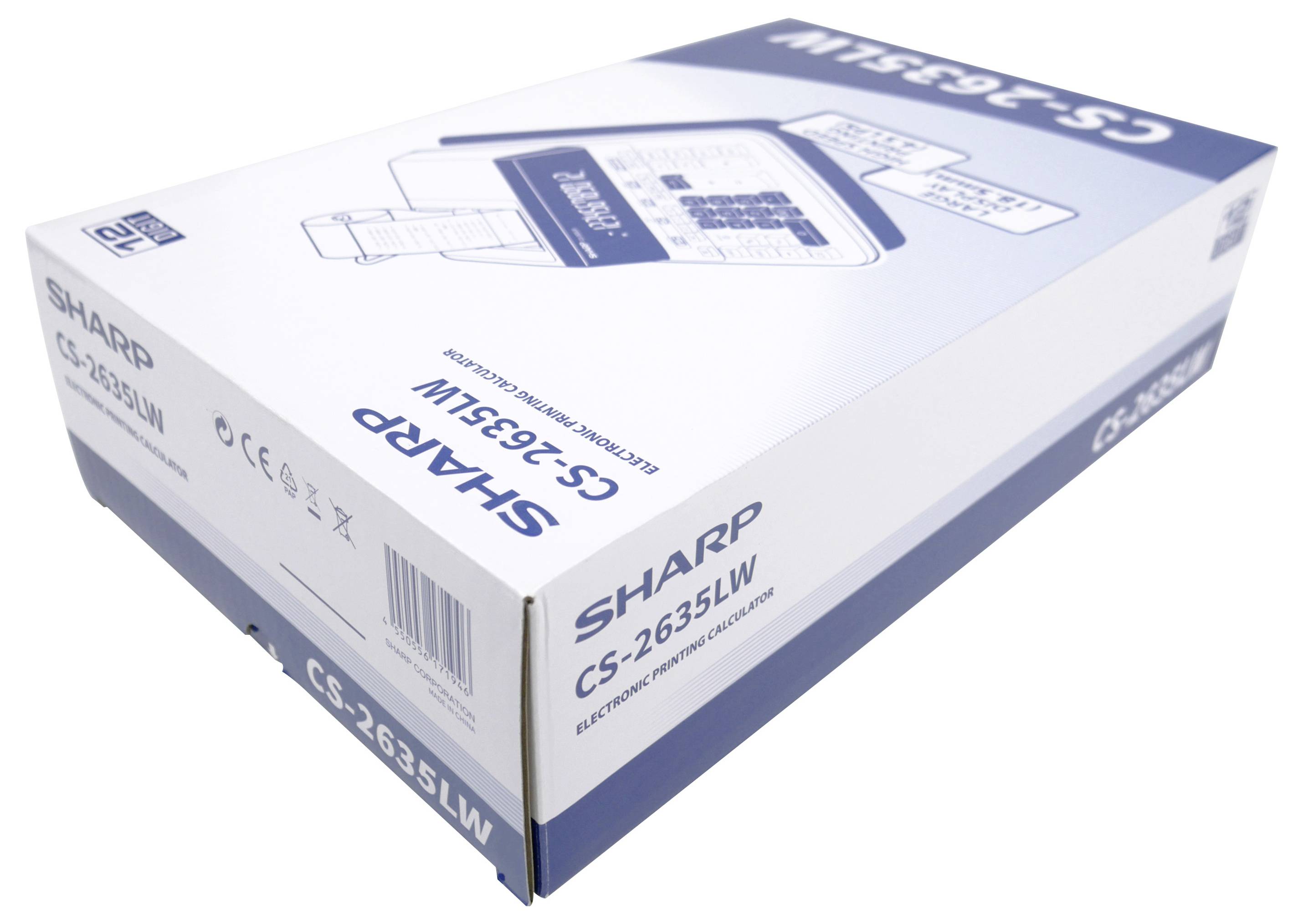 Eine Sharp CS-2635LW Taschenrechner in einer Verpackung, mit Markennamen und Modellnummer auf der Verpackung, aus einer schrägen Perspektive betrachtet.
