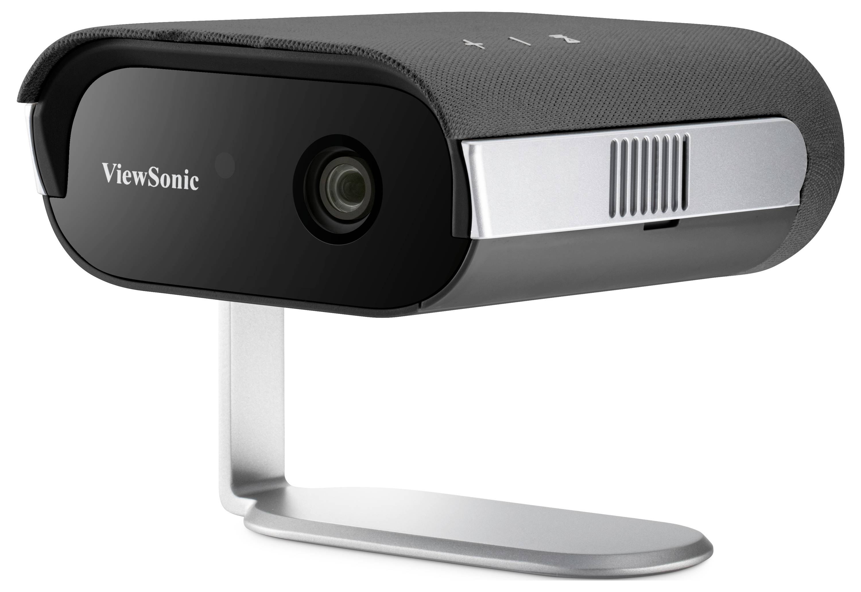 Kompakter ViewSonic-Projektor mit einem schwarz-silbernen Design, geeignet für Heim- oder Büronutzung.