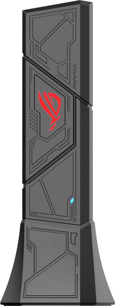 Hohe, eckige schwarze Vorrichtung mit geometrischen Mustern und einem roten Logo, das stilisierte Buchstaben ähnelt. Blaue Anzeigelampe nahe der Basis.