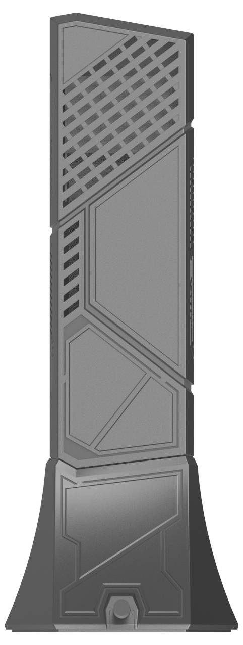 Ein hoher, schlanker schwarzer elektronischer Apparat mit geometrischen Mustern und einem Bedienfeld an der Basis, möglicherweise ein moderner Audiolautsprecher.