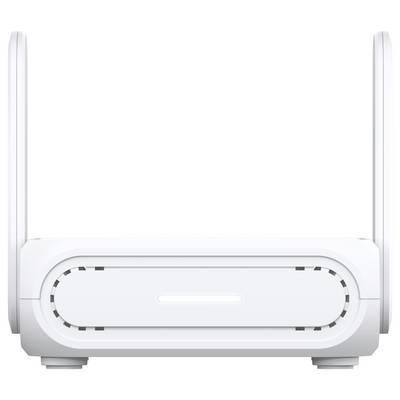 Ein schlanker, moderner weißer Router mit zwei aufrechten Antennen, einer vorderen LED-Anzeige und einem minimalistischen Design.