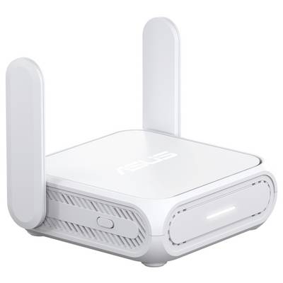 Ein weißer ASUS WLAN-Repeater mit zwei Antennen und einer Leuchtanzeige an der Vorderseite, entwickelt zur Verbesserung der drahtlosen Signalabdeckung.