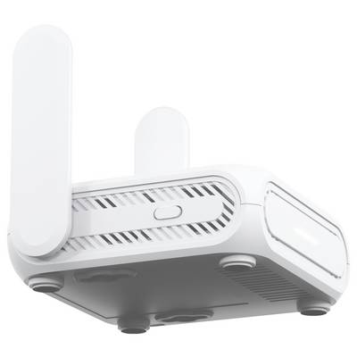 Ein weißer WLAN-Router mit zwei Antennen, für den Einsatz zu Hause oder im Büro, von unten betrachtet.