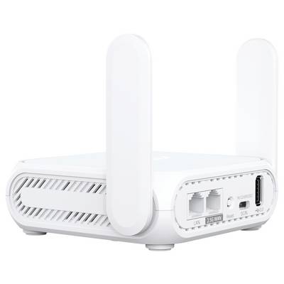 Ein weißer WLAN-Router mit zwei Antennen, ausgestattet mit Anschlüssen für LAN und 2,5G WAN, einem Rücksetztaster und einem Stromanschluss auf der Rückseite.