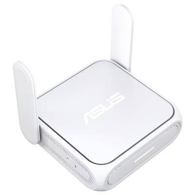 Ein kleiner, weißer ASUS-WLAN-Router mit zwei senkrecht stehenden Antennen, konzipiert zur Verbesserung der Internetverbindung in Häusern oder Büros.