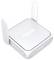 Ein kleiner, weißer ASUS-WLAN-Router mit zwei senkrecht stehenden Antennen, konzipiert zur Verbesserung der Internetverbindung in Häusern oder Büros.