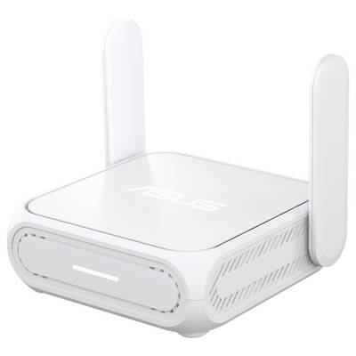 Ein weißer ASUS-Router mit zwei Antennen, der durch ein schlankes Design und einen sichtbaren LED-Indikator auf der Vorderseite besticht und sich hervorragend für die WLAN-Nutzung zu Hause eignet.
