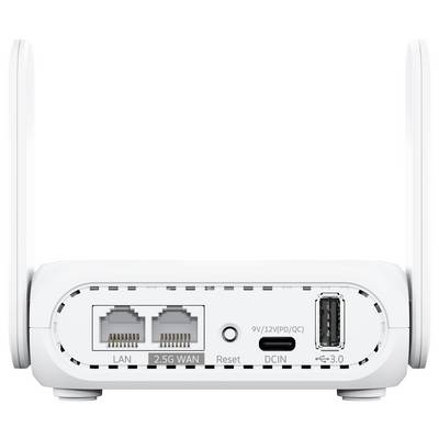 Ein weißer WLAN-Router mit zwei Antennen und Anschlüssen für LAN, 2,5G WAN, USB und Gleichstrom-Eingang, beschriftet mit Funktionen einschließlich Reset.