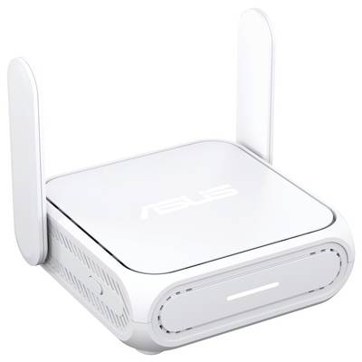 Ein kleiner, weißer WLAN-Router mit zwei aufrechten Antennen und einem leuchtenden Indikator auf der Vorderseite, mit der Marke "ASUS".