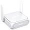 Ein kleiner, weißer WLAN-Router mit zwei aufrechten Antennen und einem leuchtenden Indikator auf der Vorderseite, mit der Marke "ASUS".