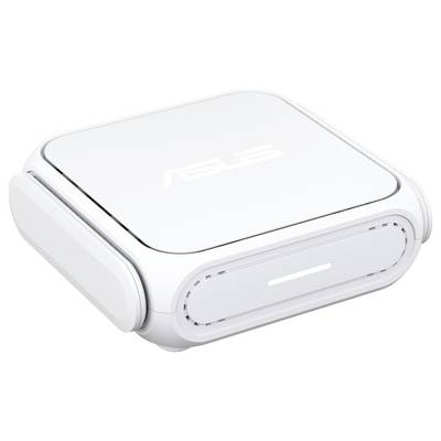 Ein kleines, weißes, quadratisches Gerät mit abgerundeten Kanten und einem 'ASUS' Logo oben drauf. Es scheint ein kompaktes elektronisches Gerät zu sein.