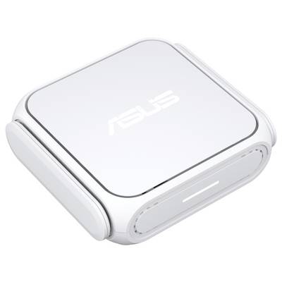 Ein weißer quadratischer Asus WLAN-Router mit abgerundeten Kanten, ausgestattet mit dezenten LED-Anzeigen an den Seiten, konzipiert für die Internetverbindung im Heimnetzwerk.