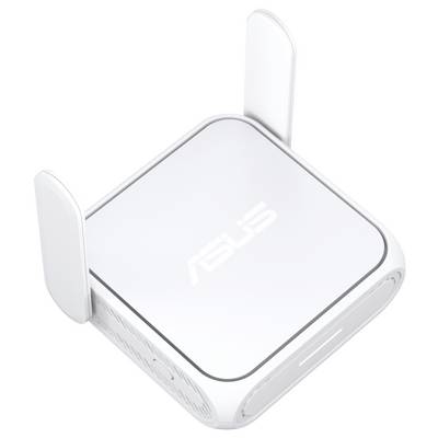 Ein weißer ASUS-Router mit eckigem Design und zwei Antennen, auf dem oben das ASUS-Logo angebracht ist.