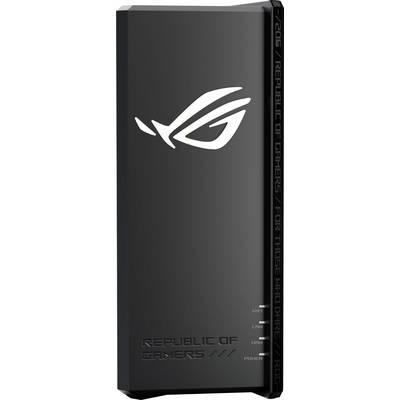 Ein schwarzes ASUS Republic of Gamers Externgerät mit LED-Anzeigen für Energie und Konnektivität. Das Gerät trägt das ROG-Logo und die Markierung.