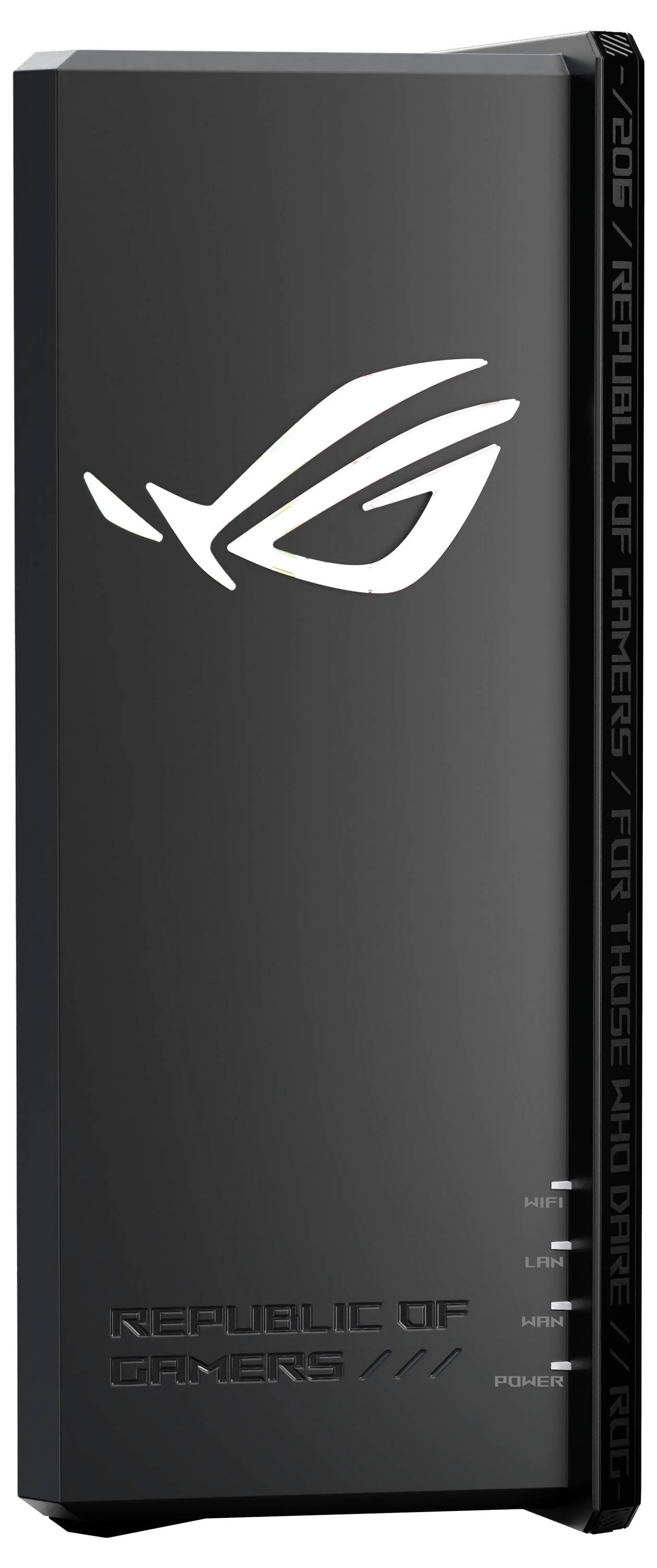 Schwarzer vertikaler ROG-Router mit Logo und LED-Anzeigen für WAN, LAN, 2,4 GHz und Stromversorgung. Text liest sich: "Republic of Gamers" und "Für diejenigen, die es wagen".
