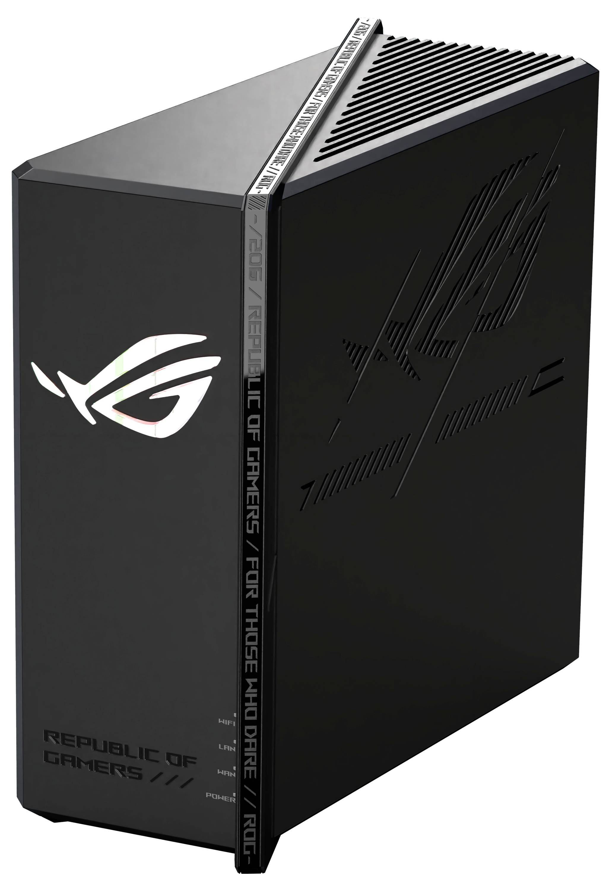 Ein schwarzer Gaming-Desktop-Tower mit kantigem Design und dem "Republic of Gamers"-Logo.