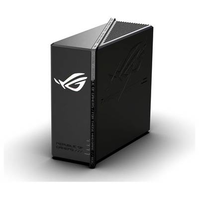 Das Bild zeigt einen schlanken, schwarzen Gaming-PC-Tower mit beleuchtetem Branding und kantigen Designakzenten auf seinen Vorder- und Oberseiten-Panels.