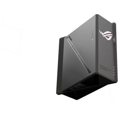 Ein schlanker, schwarzer Gaming-Computertower mit kantigem Design, beleuchtetem Logo und sichtbaren Lüftungsöffnungen.
