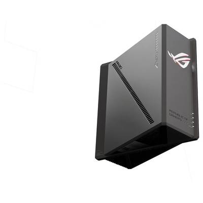 Ein schlanker schwarzer Computertower mit dem ROG-Logo, in einem Winkel präsentiert, um sein modernes Design und die Belüftungsdetails zu unterstreichen.