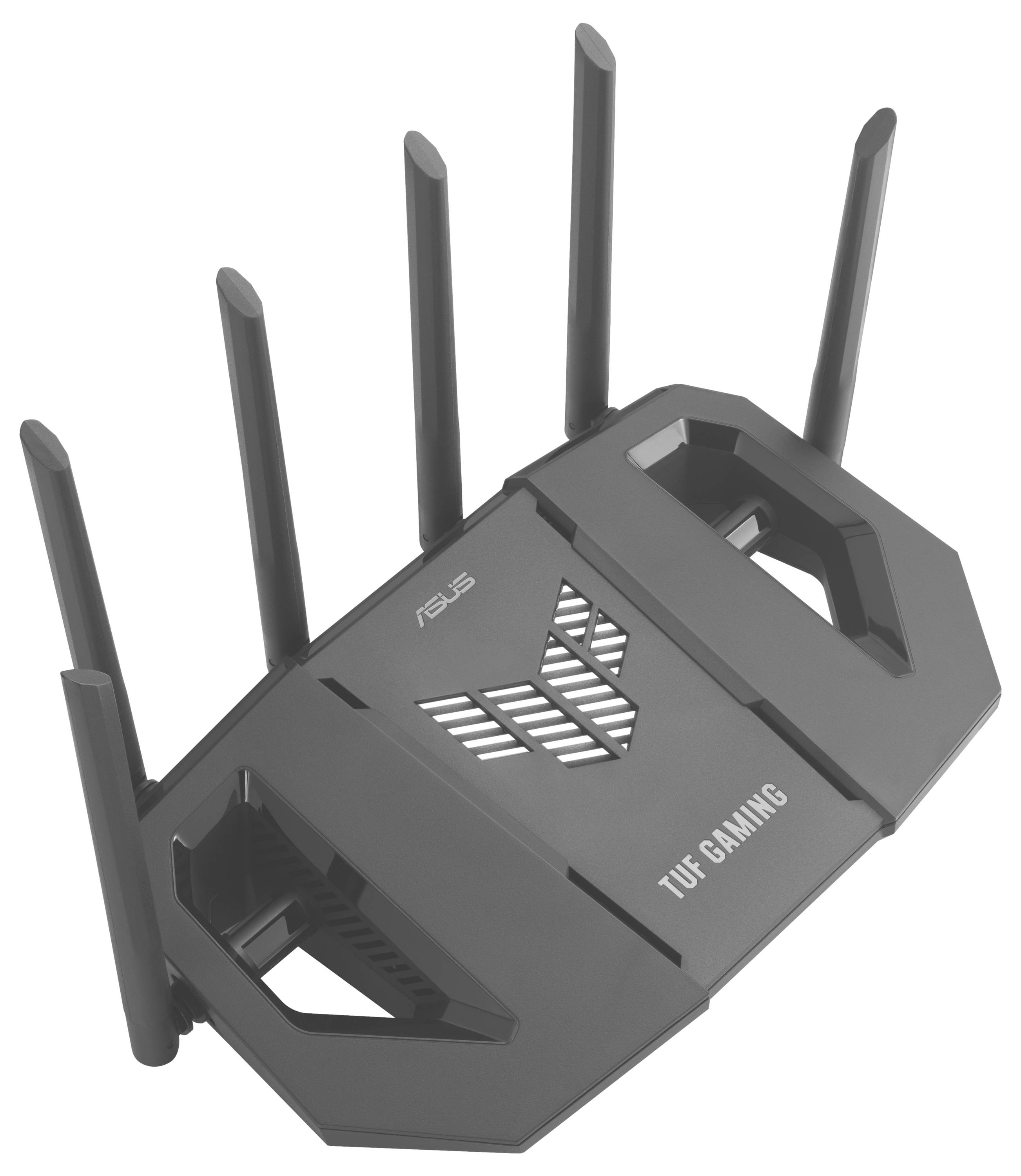 Ein schwarzer Gaming-Router mit der Aufschrift 'TUF Gaming' und sechs markanten Antennen, entwickelt für verbesserte Leistung und Konnektivität.