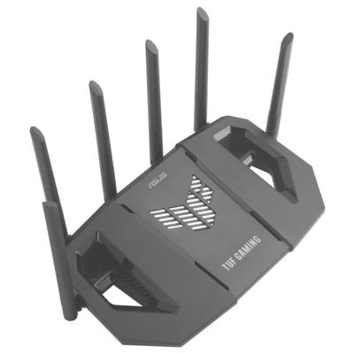 Ein schwarzer Gaming-Router mit der Aufschrift 'TUF Gaming' und sechs markanten Antennen, entwickelt für verbesserte Leistung und Konnektivität.